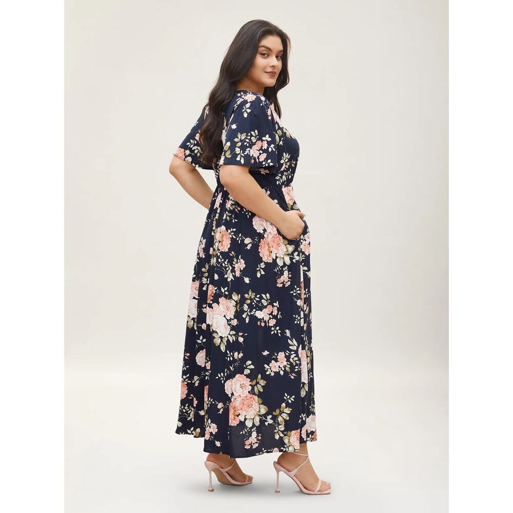 BLOOMCHIC Bloom Ditsy Floral Flutter Sleeve Maxi Dress Plus Size 14 16 Split Leg - Picture 3 of 9